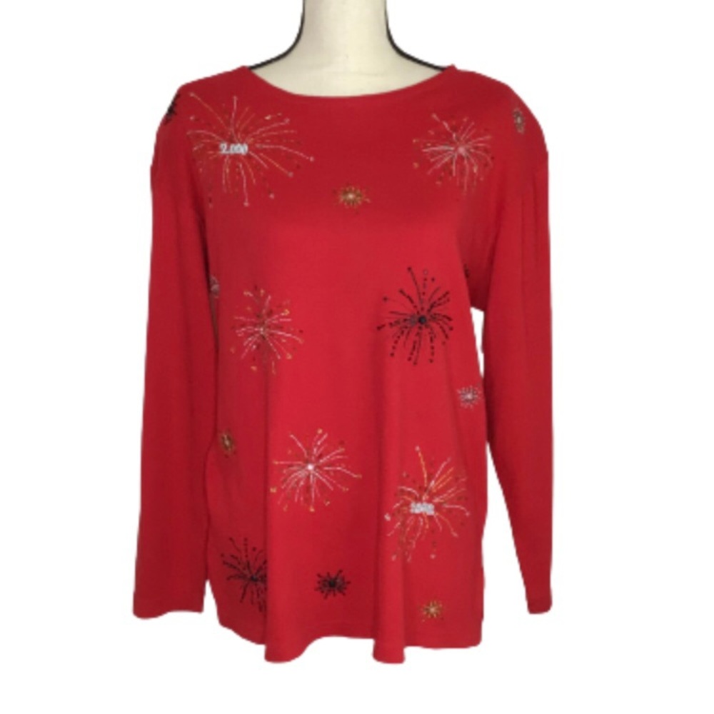 Karen Scott Petites Red Y2K Fireworks Embroidered Beads Crewneck Sweater PL NWT